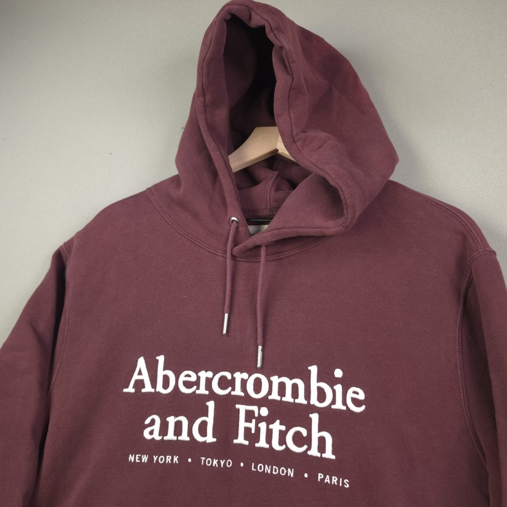 Abercrombie & Fitch Embroidered Spellout Logo Hoodie Mens XL Burgundy Sweatshirt